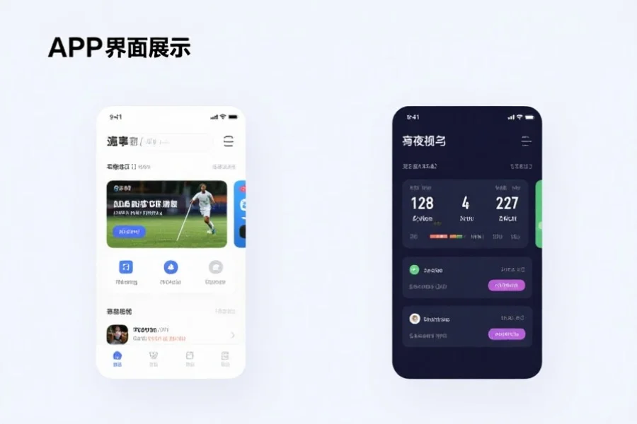 应用界面展示，左侧为明亮模式，右侧为夜间模式，界面简洁现代，显示体育资讯和比分